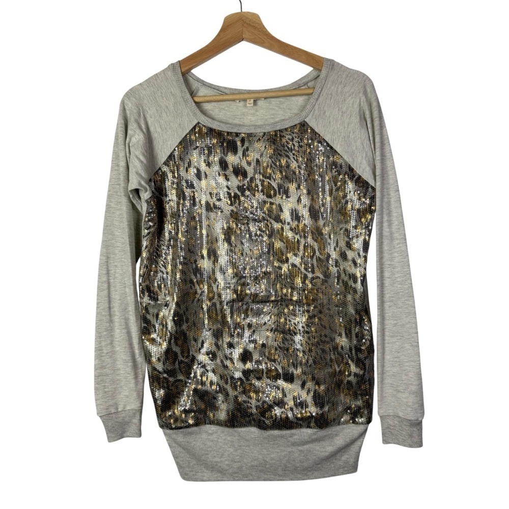 Mystree Gray Mixed Media Leopard Sequin‎ Long Sleeve Top S